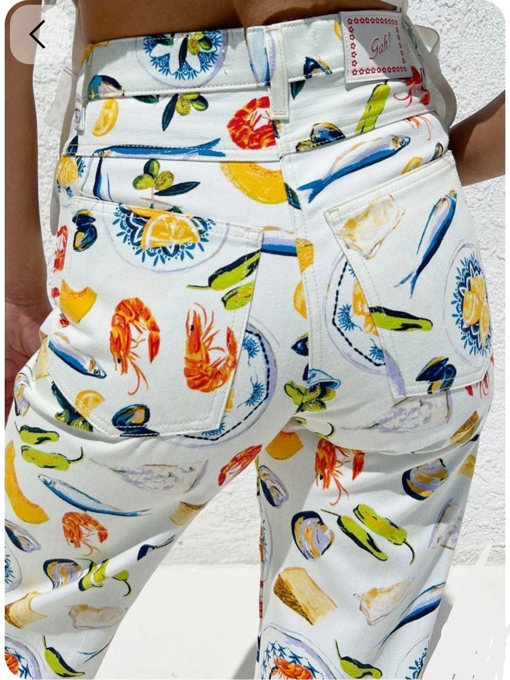 NWOT Lisa Says Gah Cream Printed Pants with Multicolor Seafood Tapas Motif Sz 8 - Picture 2 of 12